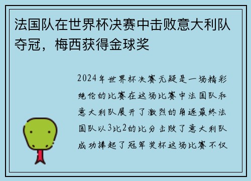 法国队在世界杯决赛中击败意大利队夺冠，梅西获得金球奖